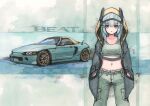  1girl belt black_jacket blue_eyes blue_hair breasts car collarbone commission cropped_shirt grey_pants grey_shirt hands_in_pockets hi_fumiyo highres honda honda_beat hood hood_up jacket looking_at_viewer medium_breasts motor_vehicle navel open_mouth original pants personification radio_antenna shirt signature solo sports_car straight-on traditional_media vehicle_and_personification vehicle_name 