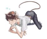  1boy animal_ears black_pants brown_hair cat_boy cat_ears cat_tail collared_shirt extra_ears full_body ikari_shinji male_focus neon_genesis_evangelion pants paw_print quwo school_uniform shirt short_bangs short_hair short_sleeves solo tail tokyo-3_middle_school_uniform tongue tongue_out white_background white_shirt yellow_eyes 