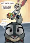  anthro basket bodily_fluids breasts bunny_costume choker cleavage clothed clothing container costume dialogue disney easter easter_egg english_text eyes_closed female fingers fur grey_body grey_fur hi_res holidays jewelry judy_hopps lagomorph leporid looking_at_viewer mammal necklace open_mouth qupostuv35 rabbit scut_tail short_tail solo speech_bubble standing sweat tail text thick_thighs white_body white_fur zootopia 