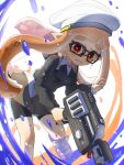  1girl bike_shorts black-framed_eyewear black_sweater blush collared_shirt commentary_request glasses glint gun hat highres holding holding_gun holding_weapon inkling inkling_girl long_hair minawake_(azuma-m) orange_hair paint rapid_blaster_(splatoon) red_eyes shirt shoes signature solo splatoon_(series) splatoon_2 sweater tears weapon white_background white_headwear white_shirt 