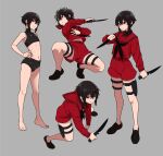  1girl barefoot black_shorts black_sports_bra brown_hair dual_wielding feet fumitan_(humitan) grey_background hands_on_own_hips highres holding holding_knife jacket knife multiple_views original red_eyes red_jacket red_shirt shirt short_hair shorts solo sports_bra squatting stomach 