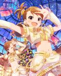  2girls blush brown_eyes brown_hair christmas_present christmas_tree futami_ami futami_mami gift high_side_ponytail idolmaster idolmaster_(classic) idolmaster_million_live! idolmaster_million_live!_theater_days jacket multiple_girls navel official_art open_mouth short_sleeves shorts yellow_jacket yellow_shorts 