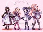  4girls ;d akamatsu_kaede alternate_costume angeliii apron black_dress black_footwear blush bow bowtie breasts brown_footwear brown_hair brown_thighhighs danganronpa:_trigger_happy_havoc danganronpa_(series) danganronpa_v3:_killing_harmony dress enmaided enoshima_junko freckles frills full_body glass grin hair_bow hair_ornament hairclip harukawa_maki highres holding holding_tray ikusaba_mukuro long_hair looking_at_viewer low_twintails maid maid_apron maid_headdress monokuma multiple_girls one_eye_closed open_mouth pink_bow pink_bowtie pink_thighhighs puffy_sleeves red_bow red_bowtie red_dress short_sleeves smile standing teeth thighhighs tray twintails watermark white_apron 