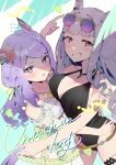  2girls :o animal_ears bikini black_bikini blush breasts cleavage commentary_request eyewear_on_head flower gold_ship_(run_revolt_launcher)_(umamusume) gold_ship_(umamusume) grey_hair hair_flower hair_ornament highres horse_ears horse_girl hug jewelry large_breasts long_hair looking_at_viewer mejiro_mcqueen_(ripple_fairlady)_(umamusume) mejiro_mcqueen_(umamusume) multiple_girls necklace official_alternate_costume one-piece_swimsuit pink_eyes purple_eyes purple_hair shoulder_tattoo smile sunglasses swimsuit tattoo umamusume usukawa_(uskw_sr) white_one-piece_swimsuit 