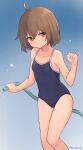  1girl ahoge blue_background breasts brown_hair centi_mnkt collarbone cowboy_shot gradient_background highres holding holding_hose hose light_blue_background new_school_swimsuit one-piece_swimsuit original red_eyes school_swimsuit short_hair sidelocks simple_background small_breasts standing swimsuit water_drop 