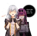  2girls black_gloves black_jacket clenched_hands closed_eyes english_text eyewear_on_head gloves grey_hair gun hands_up highres hinagi_(fox_priest) holding holding_gun holding_weapon honkai:_star_rail honkai_(series) jacket kafka_(honkai:_star_rail) long_hair long_sleeves multiple_girls open_mouth purple_gloves purple_hair round_eyewear shaded_face shirt simple_background smile stelle_(honkai:_star_rail) teeth trailblazer_(honkai:_star_rail) upper_teeth_only weapon white_background white_shirt 