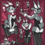  alcohol anthro baronflint beverage bunny_costume butt clothed clothing costume digital_media_(artwork) ellipsis eyewear eyewear_on_head female fishnet fishnet_legwear flat_chested fur goggles goggles_on_head grey_body grey_fur karz_(baronflint) lagomorph legwear leporid looking_at_viewer looking_back mammal partially_clothed pose rabbit red_scarf scarf simple_background solo waiter wine 