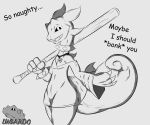  absurd_res anthro baseball_bat bat_(object) claws clothed clothing digital_media_(artwork) gecko hi_res lizard looking_at_viewer lucardo_cruz male monochrome open_mouth reptile scalie simple_background smile solo tail teeth text 