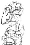  absurd_res anthro bottomwear canid clothed clothing floppy_ears front_view glistening glistening_eyes hair hi_res kuttoyaki looking_at_viewer male mammal messy_hair monochrome mouth_closed short_hair simple_background sketch solo standing topwear 