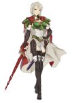  1girl amalda_(fire_emblem) armor black_footwear breastplate brown_eyes cape ebinku fingerless_gloves fire_emblem fire_emblem:_thracia_776 gloves green_armor grey_hair hand_on_own_hip highres holding holding_sword holding_weapon looking_at_viewer mole pauldrons red_cape short_hair shoulder_armor solo sword two-tone_cape weapon 
