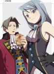  1boy 1girl ace_attorney ace_attorney_investigations aged_down ascot bare_shoulders black_gloves blue_eyes blue_gemstone blue_hair blush dorayaki food franziska_von_karma gem gloves grey_eyes grey_hair hair_intakes hand_on_hip highres holding holding_food jacket long_hair long_sleeves looking_at_another looking_at_viewer miles_edgeworth red_jacket short_hair sleeveless smile swept_bangs upper_body wagashi wahootarou 
