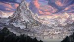  absurdres city cliff cloud cloudy_sky colorful critical_role english_commentary fantasy highres idrawbagman landscape logo mountain mountainous_horizon nature no_humans outdoors scenery sky snow spire sunrise wall winter 