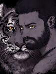  1boy beard character_request dark-skinned_male dark_skin earrings facial_hair frown glowing glowing_eyes highres indian jewelry kakatoheel looking_at_viewer male_focus mature_male nude portrait rrr_(movie) serious short_hair solo spot_color thick_eyebrows thick_mustache tiger whiskers yellow_eyes 