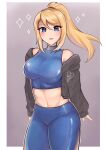  1girl alternate_costume bare_shoulders breasts crop_top highres leggings looking_at_viewer medium_breasts metroid navel ponytail samus_aran smile solo sparkle 