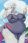  anthro belly big_belly big_breasts bikini breasts clothed clothing countershade_scales countershading dessert digital_media_(artwork) eating female food generation_7_pokemon hi_res huge_breasts ice_cream looking_at_viewer multicolored_body multicolored_scales navel nintendo non-mammal_breasts o-ring o-ring_bikini o-ring_bikini_top o-ring_swimwear outside overweight overweight_anthro overweight_female pink_body pink_countershading pink_scales pokemon pokemon_(species) popsicle pupils reptile salazzle sand scales scalie seaside shano_541 shiny_pokemon side-tie_bikini side-tie_clothing side-tie_swimwear sky solo string_bikini swimwear tail thick_thighs tongue tongue_out triangle_bikini water white_body white_scales wide_hips 