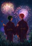  2boys absurdres arm_at_side bow candy_apple closed_eyes closed_mouth clothes_grab commentary_request ensemble_stars! feet_out_of_frame fireworks food grass green_hair hand_fan highres holding holding_fan holding_food itsuki_shu japanese_clothes kagehira_mika kimono long_sleeves looking_at_another male_focus multiple_boys night night_sky open_mouth outdoors pink_hair purple_eyes short_hair sky sleeve_grab valkyrie_(ensemble_stars!) wednesday_108 