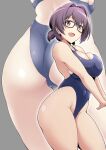  1girl alice_gear_aegis ass black-framed_eyewear blue_one-piece_swimsuit breasts casual_one-piece_swimsuit cleavage cleavage_cutout clothing_cutout feet_out_of_frame glasses grey_hair hair_intakes komazoi_eden large_breasts low_ponytail multiple_views one-piece_swimsuit purple_eyes short_hair short_ponytail smile swimsuit takayama_chihiro zoom_layer 