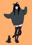  1girl animal_ear_fluff animal_ears black_cat black_hair black_hoodie black_thighhighs blush_stickers cat cat_ears cat_girl cat_tail closed_mouth commentary_request full_body hands_up highres hood hood_down hoodie long_hair long_sleeves megateru no_shoes orange_background original puffy_long_sleeves puffy_sleeves simple_background sleeves_past_wrists smile solo standing tail thighhighs 