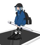  1girl apple_pencil backpack bag baseball_cap black_bag black_eyes black_footwear black_headwear black_pantyhose blue_hair blue_sweater denim denim_shorts full_body hat highres holding holding_stylus ipad long_sleeves looking_at_viewer low_twintails mini_person minigirl nao97122 new_era nike open_mouth original pantyhose pantyhose_under_shorts ribbed_socks shoes short_hair short_twintails shorts sidelocks simple_background sneakers socks solo standing streetwear stylus sweater tablet_pc twintails white_background white_socks 