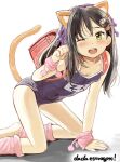  1girl accessories backpack bag black_hair bracelet cat_ear cat_tail dada_(esoragoto) green_eyes hair_ornament jewelry leg_warmers long_hair name_tag navel one_eye_closed open_mouth original randoseru school_swimsuit simple_background solo swimsuit tail 