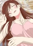  1girl blush breasts brown_hair closed_eyes collarbone dress highres kanojo_okarishimasu long_hair lying medium_breasts mizuhara_chizuru nomoto_masayuki on_back parted_lips pink_dress promotional_art solo upper_body 