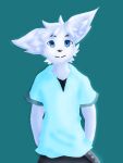  anthro arctic_fox belt black_nose black_undershirt blue_clothing blue_eyes blue_shirt blue_topwear bottomwear canid canine clothed clothing digital_media_(artwork) echo_(repeat) fox fur hair looking_at_viewer male mammal pants repeat_(visual_novel) repeatecho shirt simple_background smile solo topwear undershirt white_body white_fur white_hair 