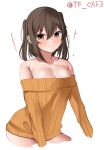  1girl alternate_costume black_hair breasts brown_eyes cleavage cropped_legs dress highres kantai_collection medium_breasts off-shoulder_dress off_shoulder one-hour_drawing_challenge orange_dress ribbed_dress sendai_(kancolle) simple_background solo sweater sweater_dress tf_cafe twitter_username two_side_up white_background 