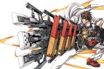  1boy ahoge brown_hair cannon dong_hole fire floating_clothes grin guilty_gear guilty_gear_strive gun highres holding holding_cannon holding_gun holding_weapon lab_coat male_focus muscular muscular_male red_eyes shoes simple_background smile sol_badguy solo spiked_hair weapon white_background 
