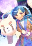  1girl bag blue_hair blue_skirt blurry blurry_background braid braided_bangs brown_eyes brown_jacket closed_mouth commentary_request commission depth_of_field honzuki_no_gekokujou jacket kou_hiyoyo long_hair long_sleeves looking_at_viewer maine_(honzuki_no_gekokujou) moon pleated_skirt shirt shoulder_bag skeb_commission skirt smile solo space swept_bangs very_long_hair white_shirt 