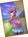  alpaca anthro blush bottomwear breasts camelid clothed clothing clothing_lift dj_bop epic_games exposed_breasts female fortnite fur hi_res inverted_nipples mammal nipples outside pink_body pink_fur plant rigi selfie skirt solo tree 