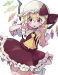  1girl ascot bobby_socks claw_pose crystal fang flandre_scarlet frilled_ascot frilled_shirt_collar frills full_body hair_between_eyes hat highres lily-an long_hair looking_at_viewer mob_cap multicolored_wings no_shoes one_side_up open_mouth pointy_ears puffy_short_sleeves puffy_sleeves red_eyes red_ribbon red_skirt red_vest ribbon ribbon-trimmed_skirt ribbon-trimmed_sleeves ribbon_trim shirt short_sleeves simple_background skin_fang skirt skirt_set socks solo touhou vest white_background white_headwear white_shirt white_socks wings yellow_ascot 