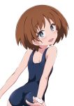  1girl absurdres ass blue_eyes blue_one-piece_swimsuit blush brown_hair from_behind girls_und_panzer hazuki_haru highres looking_at_viewer looking_back one-piece_swimsuit open_mouth sakaguchi_karina short_hair shoulder_blades solo swimsuit 