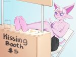  2022 5_toes absurd_res anthro blush bottomwear clothed clothing eeveelution espeon feet foot_focus generation_2_pokemon glazed_(character) hair hi_res humanoid_feet kissing_booth lewdnobu looking_at_viewer male nintendo nipples plantigrade pokemon pokemon_(species) shorts sitting soles solo toes topless 