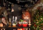  1boy 1girl blue_eyes casual christmas christmas_tree commentary_request contemporary fate/grand_order fate_(series) fujimaru_ritsuka_(female) gift grey_hair highres holding holding_gift necktie night oberon_(fate) oberon_(third_ascension)_(fate) open_mouth orange_eyes orange_hair romo827 scarf scarf_over_mouth smile winter_clothes 