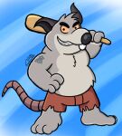  2023 anthro baseball_bat bat_(object) black_nose blue_background bottomwear brok_the_investigator clothing escualoco fur generic_rat_(brok_the_investigator) grey_body grey_fur male mammal murid murine rat rodent shorts simple_background slightly_chubby solo tattoo 