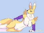  absurd_res anthro bandai_namco breasts butt butt_grab canid digimon digimon_(species) female hand_on_butt hi_res lying mammal on_side pubes raskalaskal renamon solo solo_focus yellow_body 