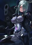  1girl alternate_costume aqua_hair armored_bodysuit blue_archive bodysuit breasts cockpit commentary_request controller covered_navel covered_nipples fortified_suit hair_over_one_eye head_tilt highres impossible_bodysuit impossible_clothes joystick kurione_(zassou) large_breasts mina_(blue_archive) muv-luv muv-luv_alternative red_eyes shiny_clothes sitting solo 