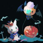  :3 blue_bow blue_bowtie bow bowtie candy cross demon_horns demon_wings drifloon fake_horns fake_wings food halloween_costume hat highres horns jack-o&#039;-lantern mimikyu night night_sky pokemon pokemon_(creature) sky solid_oval_eyes star_(sky) su_(sajo_su5) wings witch_hat 