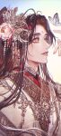  bangs black_hair bug butterfly chinese_clothes facial_mark flower forehead_mark glint hair_flower hair_ornament hanfu highres long_hair long_sleeves looking_at_another male_focus momo_mmol parted_bangs profile sparkle tian_guan_ci_fu upper_body very_long_hair white_butterfly wide_sleeves xie_lian 