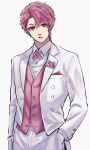  1boy blue_lock braid cowboy_shot flower formal hand_in_pocket haru_(_266hr) highres jacket kurona_ranze long_sleeves looking_at_viewer male_focus pants parted_lips pink_flower red_eyes red_hair red_vest sharp_teeth short_hair side_braid simple_background single_braid solo standing suit teeth vest white_background white_jacket white_pants white_suit 