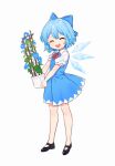  1girl :d absurdres aged_down arin_(fanfan013) bare_legs black_footwear blue_bow blue_dress blue_flower blue_hair blue_wings bow cirno closed_eyes detached_wings dress facing_viewer flat_chest flower flower_request full_body hair_bow highres holding holding_flower_pot leaf mary_janes neck_ribbon open_mouth plant potted_plant puffy_short_sleeves puffy_sleeves red_ribbon ribbon shoes short_hair short_sleeves simple_background smile solo standing teeth touhou upper_teeth_only vines white_background wing_collar wings 