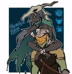  1boy 1girl barefoot blue_background border breasts cape cleavage colored_skin dark_skin green_eyes green_skin grey_hair legs_on_another&#039;s_shoulders long_hair mask pointy_ears sarashi sketch skull_on_head slay_the_spire sweatdrop the_ironclad the_silent torn_cape torn_clothes white_background whitose yellow_eyes 