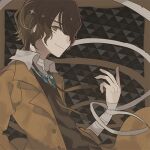  1boy bandaged_arm bandaged_neck bandages black_background border brown_border brown_coat brown_eyes brown_hair brown_vest bungou_stray_dogs coat dazai_osamu_(bungou_stray_dogs) facing_to_the_side hair_over_one_eye long_sleeves looking_at_viewer lowres male_focus miwasiba one_eye_covered shirt smile solo vest white_shirt 