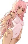  1girl arknights arm_tattoo barcode barcode_tattoo blush breasts closed_mouth commentary covered_navel cowboy_shot dutch_angle gravel_(arknights) hands_on_own_hips highleg highleg_leotard highres leotard long_hair looking_at_viewer medium_breasts pink_eyes pink_hair prairie_dog_ears prairie_dog_girl simple_background smile solo solokitsune standing tan tattoo turtleneck_leotard wavy_hair white_background white_leotard 