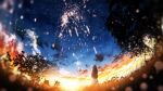  1girl absurdres blue_sky blurry blurry_foreground brown_hair cloud commentary_request field fireworks forest from_behind furi0831 grass highres long_hair nature original scenery silhouette sky solo standing star_(sky) starry_sky sunset tree twilight 