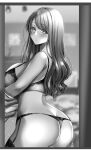  1girl aizawa_chihiro ass blurry blurry_background bra breasts floral_print from_side garter_straps greyscale lace-trimmed_thighhighs large_breasts long_hair looking_at_viewer median_furrow mole mole_under_eye monochrome original panties solo thighhighs underwear undressing 