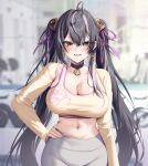  1girl alpha_(ypalpha79) black_choker black_hair blue_eyes blurry blurry_background blush breasts choker cleavage collarbone commission earrings grey_pants hair_ornament hand_on_own_hip heterochromia indie_virtual_youtuber jewelry large_breasts long_sleeves looking_at_viewer mion_kokomo navel orange_eyes pants parted_lips pixiv_commission single_earring smile solo twintails virtual_youtuber yoga_pants 
