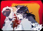  anthro bite blood blush bodily_fluids bovid canid canine canis caprine domestic_dog duo female floppy_ears gore guncht mammal open_mouth sheep shoulder_bite 