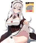  1girl 9a-91_(bullets_cafe)_(girls&#039;_frontline) 9a-91_(girls&#039;_frontline) :3 absurdres blue_eyes blush breasts cleavage clothes_lift garter_straps girls&#039;_frontline grey_hair hair_between_eyes high_ponytail highres large_breasts long_hair maid maid_headdress shiny_skin skirt skirt_lift smile solo thighhighs very_long_hair yanagui 