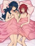  2girls aoba_tsumugi blanket blue_hair breasts completely_nude ensemble_stars! genderswap genderswap_(mtf) green_eyes highres holding holding_phone large_breasts long_hair lummy_yummy lying multicolored_hair multiple_girls nude on_back on_bed phone pillow red_hair sakasaki_natsume short_hair_with_long_locks small_breasts under_covers wavy_hair white_hair yellow_eyes yuri 